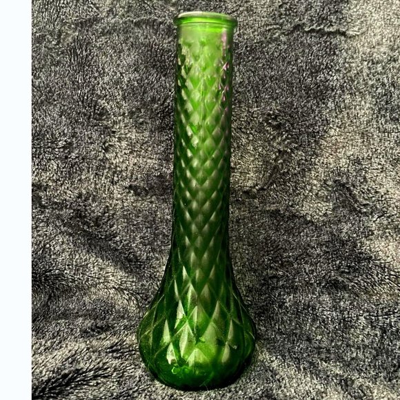 Green Glass Hoosier Quilted Vintage Vase, 9" - Picture 1 of 2